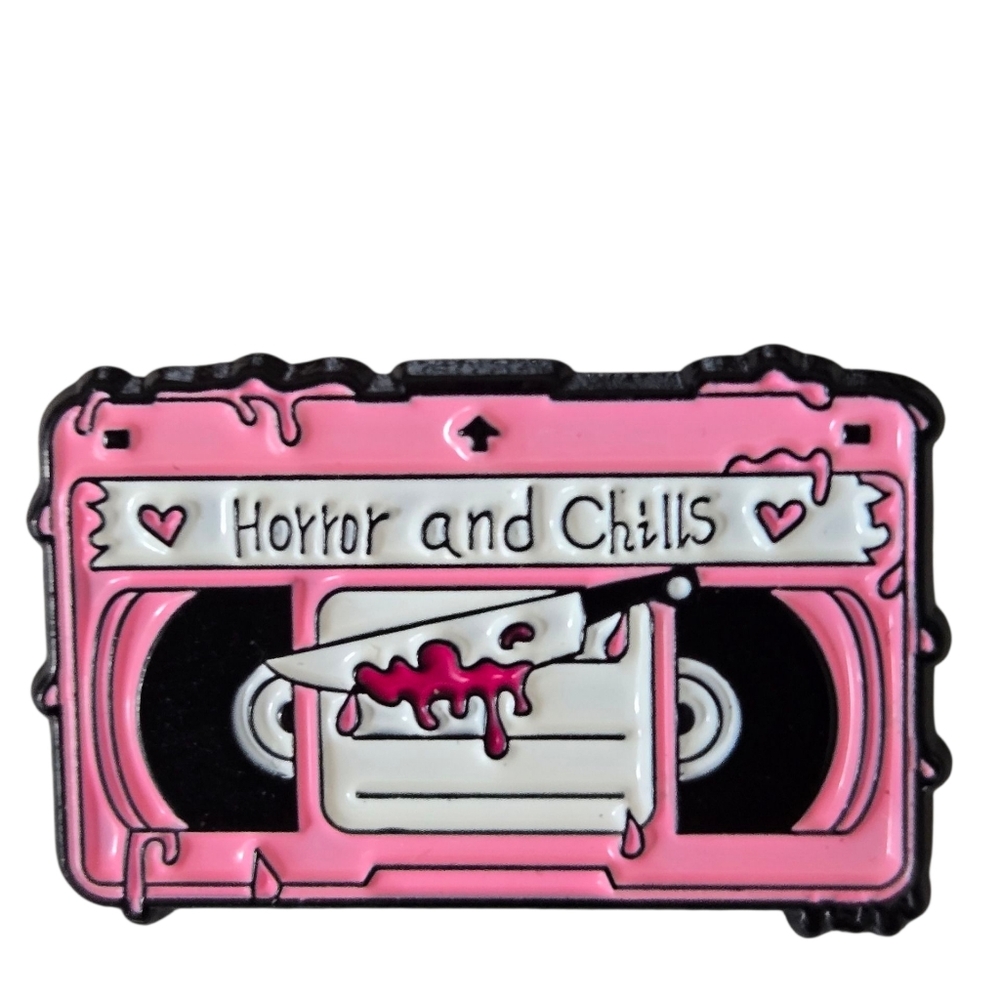 Horror and Chills VHS Enamel Lapel Pin W/Bloody Knife NWOT